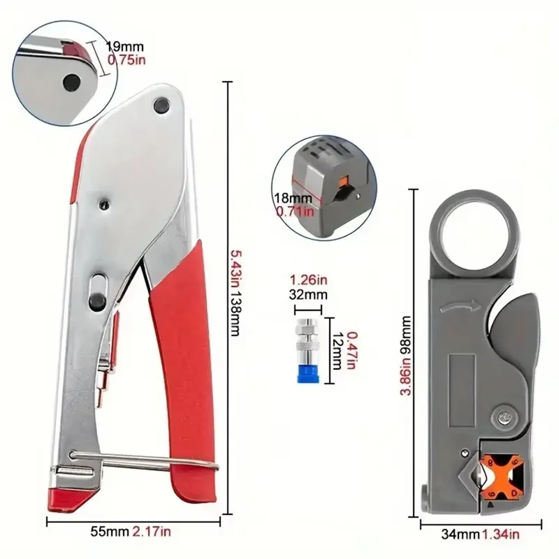 Set di pinze per crimpatrice per cavo coassiale RG59 / 6 con 7 pezzi, pinza a compressione per connettore F, spelacavi per cavi di rete