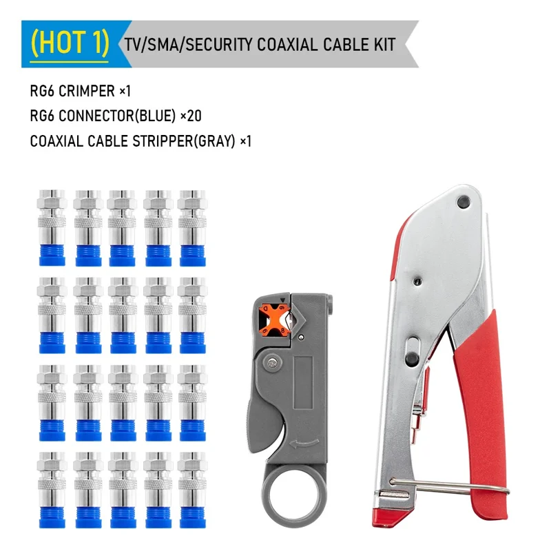 Strumento di crimpatura del cavo coassiale RG59 / 6 Set di 22 pezzi Pinze di compressione per connettore F Spelafili per cavi di rete