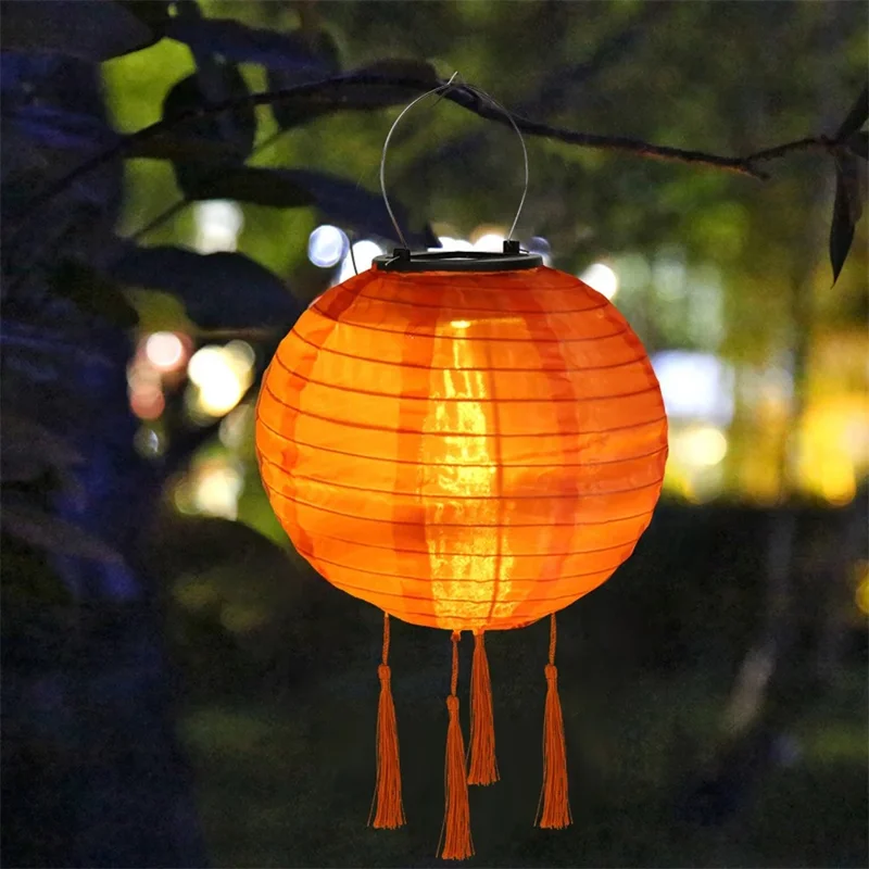 25 cm Durchmesser Solarlampe mit 4 Quasten für den Außenbereich, Gartendekoration, wasserdichte Hängelampe - Orange