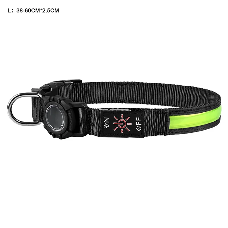 Size L Protective Case for AirTag Anti Lost Dog Collar Waterproof 3 Modes LED Pet Collar, (38-60cm) x 2.5cm - Green