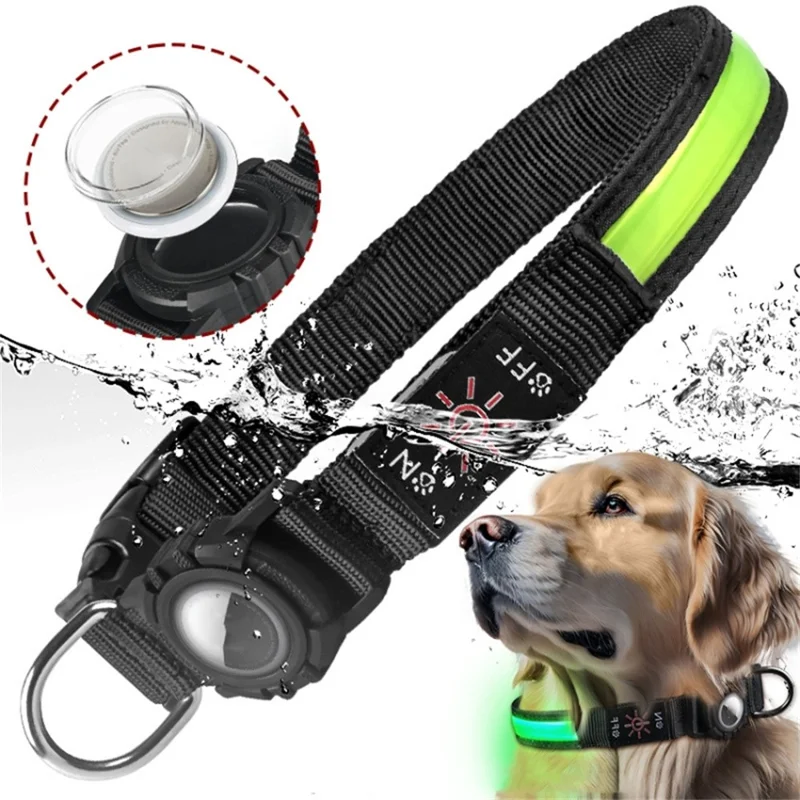 Size L Protective Case for AirTag Anti Lost Dog Collar Waterproof 3 Modes LED Pet Collar, (38-60cm) x 2.5cm - Green