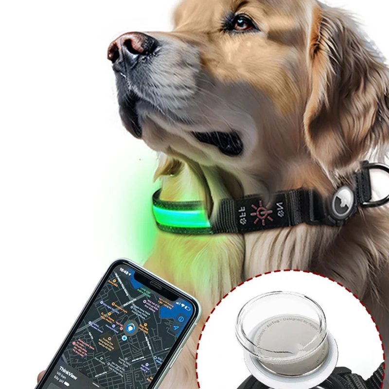 Size L Protective Case for AirTag Anti Lost Dog Collar Waterproof 3 Modes LED Pet Collar, (38-60cm) x 2.5cm - Green