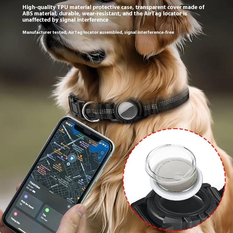 Waterproof Protective Case for AirTag Locator Dog Collar Reflective Pet Neck Strap, Size M: (38-50) x 2.5cm - Black