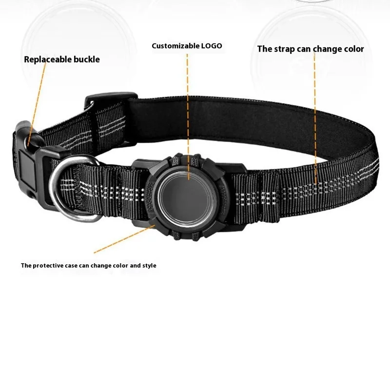 Waterproof Protective Case for AirTag Locator Dog Collar Reflective Pet Neck Strap, Size M: (38-50) x 2.5cm - Black