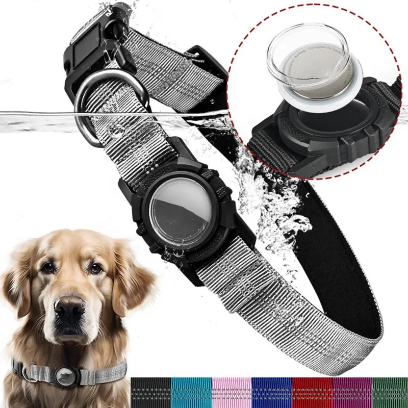Waterproof Protective Case for AirTag Locator Dog Collar Reflective Pet Neck Strap, Size M: (38-50) x 2.5cm - Black