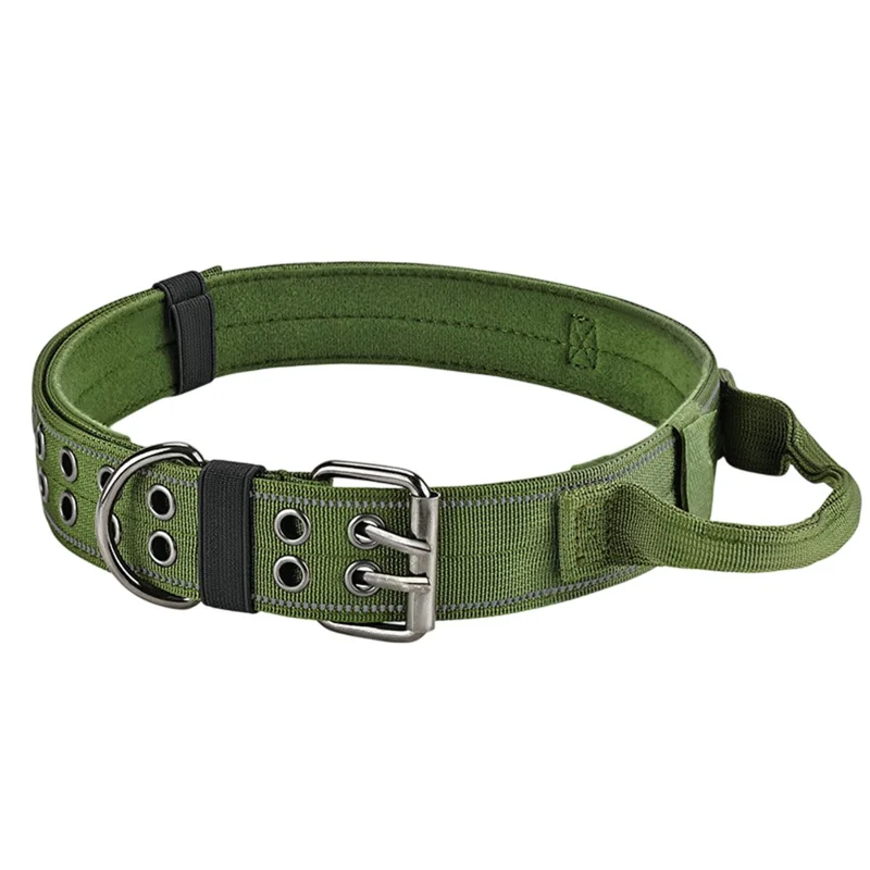Size M Tactical Reflective Dog Collar Nylon Adjustable Outdoor Walking Training Collar with Grip Handle - Army Green