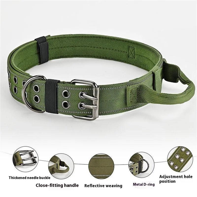 Collier Tactique Réfléchissant pour Chien Taille XL en Nylon Ajustable pour Marche et Entraînement Extérieur avec Poignée de Préhension - Vert Armée