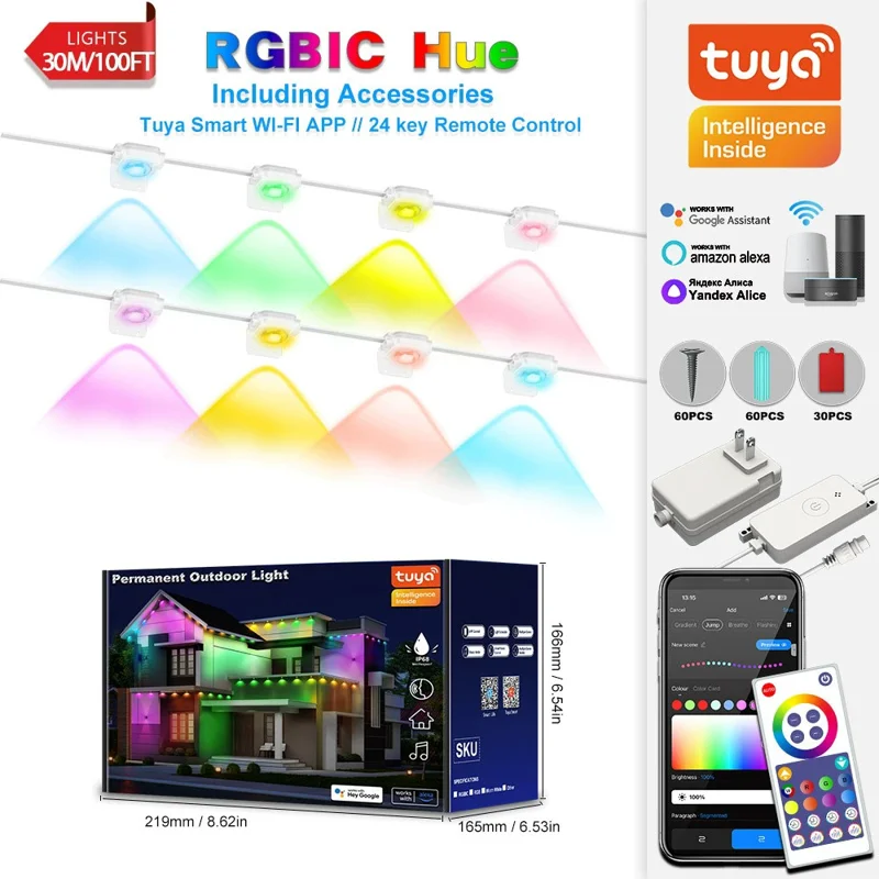 WY021 Smart Tuya WiFi RGBIC LED Outdoor Eaves Light 30M 60 LEDs IP67 Waterproof APP Controlled Colorful Lighting - US Plug