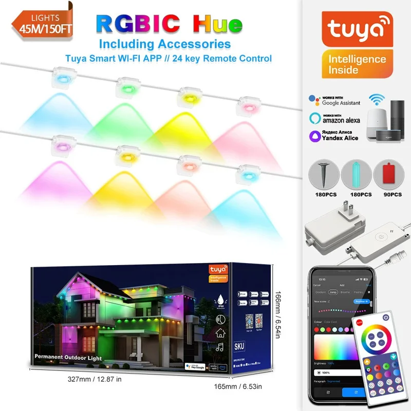 WY021 45M 90-LED WiFi RGBIC Light APP Controlled Smart Outdoor Eaves Lamp IP67 Waterproof - EU Plug