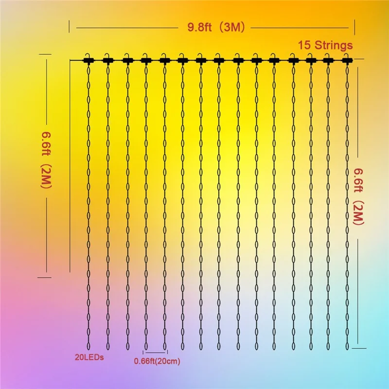 LPX043 3M x 2M 15 Strips LED Curtain String Lights 300 LEDs Smart Bluetooth-Compatible RGB Window Lights  /  App Control