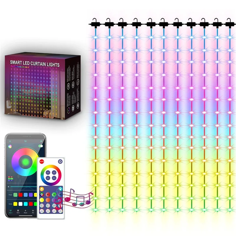 LED Curtain String Lights Smart RGB Color Changing 300 LEDs 3m x 2m 15 Strings WiFi BLE App Remote Control