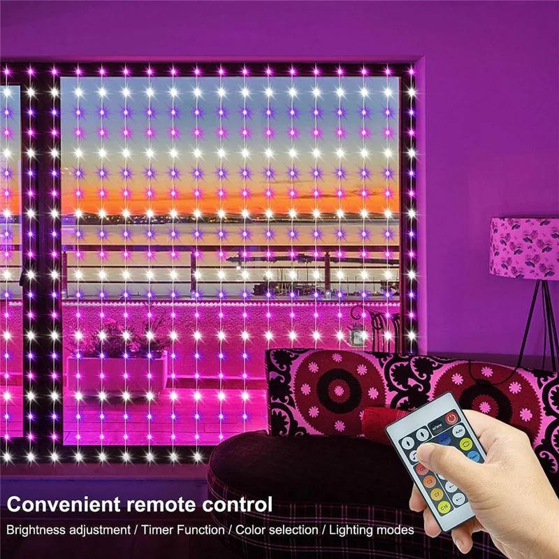 Luces de Cortina LED de Cadena 3m x 3m 15 Cuerdas 450 LED RGBIC Multicolor Ajustable Control de Aplicación WiFi BLE