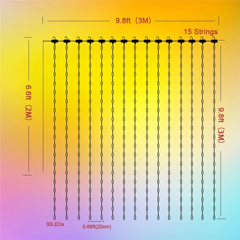 Luces de Cortina LED de Cadena 3m x 3m 15 Cuerdas 450 LED RGBIC Multicolor Ajustable Control de Aplicación WiFi BLE