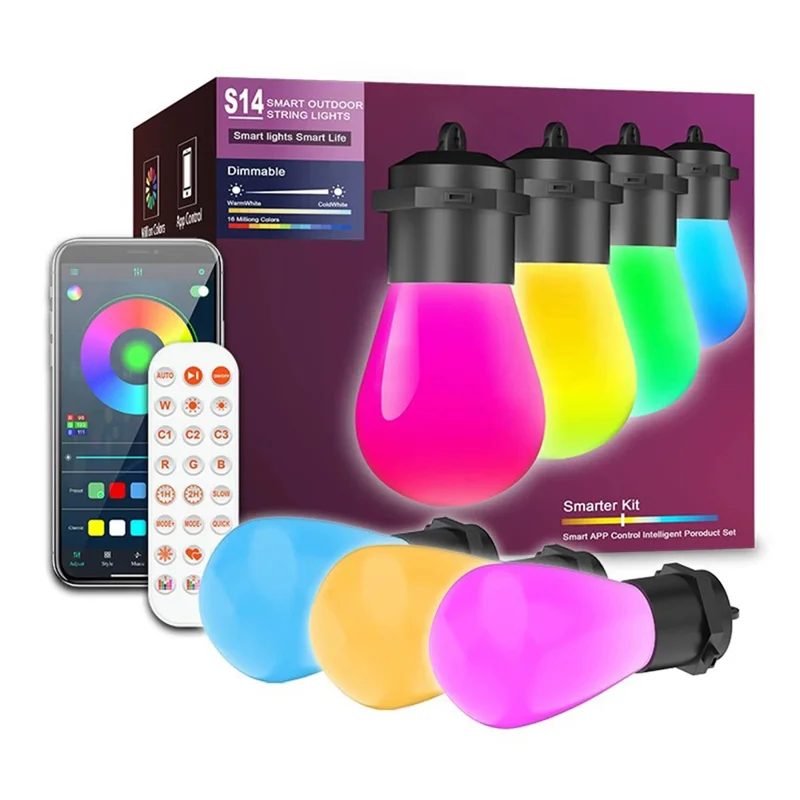 S14 Bluetooth-Compatible Smart Outdoor String Lights 12M 20 Bulbs RGBIC LED App and Voice Control