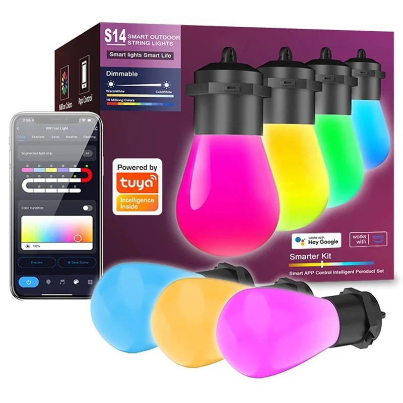 Luces de Cadena Inteligentes WiFi para Exteriores 12M 20 Bombillas IP65 Resistentes al Agua RGBIC WiFi BLE Control Remoto por Aplicación