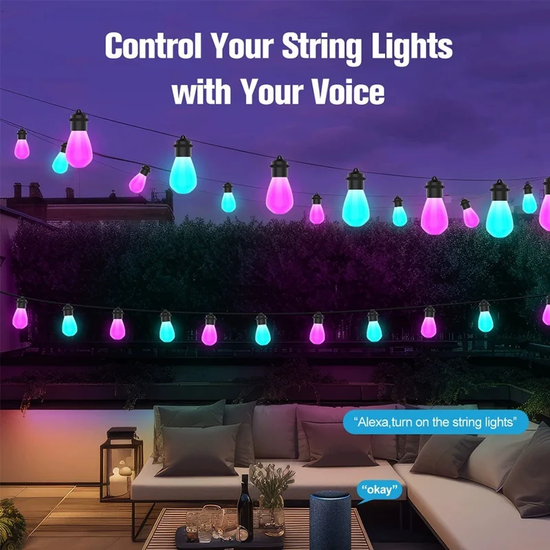 Luces de Cadena Inteligentes WiFi para Exteriores 12M 20 Bombillas IP65 Resistentes al Agua RGBIC WiFi BLE Control Remoto por Aplicación