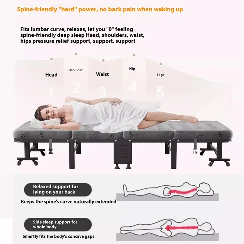 190x60CM 3CM Thickness Single Folding Bed with 8 Wheels for Office / Dorm / Hotel / Hospital Companion Bed