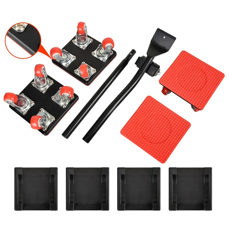 4Pcs Size S Furniture Mover Heavy Duty Metal Base 360 Degree Rotating Wheels for Bed Sofa Universal Moving Tool - Red+Black