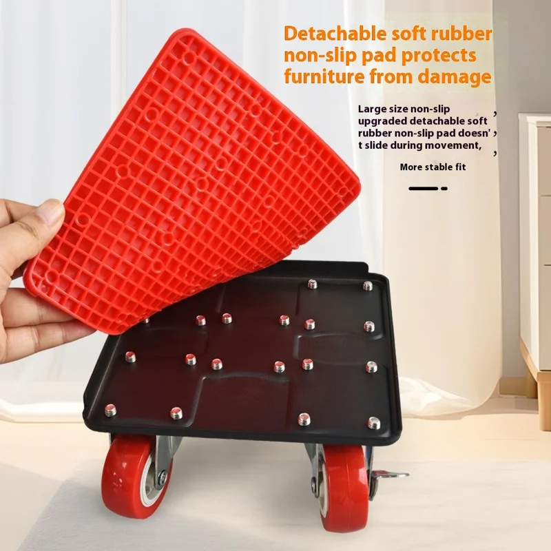 4Pcs Size S Furniture Mover Heavy Duty Metal Base 360 Degree Rotating Wheels for Bed Sofa Universal Moving Tool - Red+Black