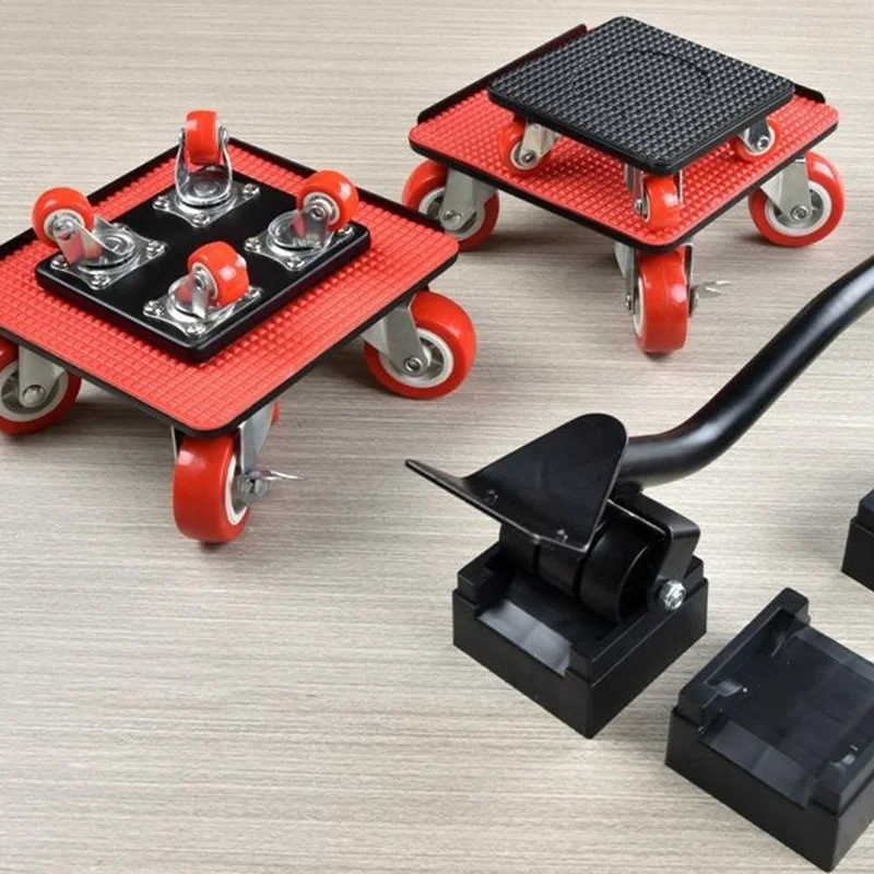 4Pcs Size S Furniture Mover Heavy Duty Metal Base 360 Degree Rotating Wheels for Bed Sofa Universal Moving Tool - Red+Black