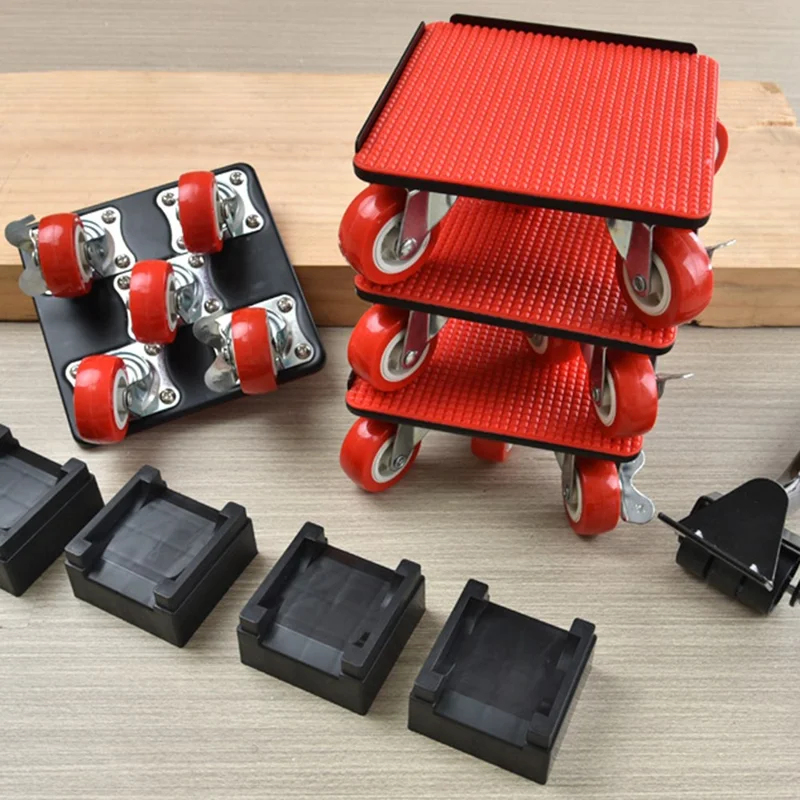4Pcs Size S Furniture Mover Heavy Duty Metal Base 360 Degree Rotating Wheels for Bed Sofa Universal Moving Tool - Red+Black