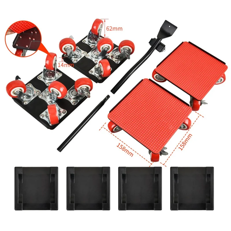 4Pcs Size L Furniture Mover Heavy Duty Metal Base 360 Degree Rotating Wheels for Bed Sofa Universal Moving Tool - Red+Black