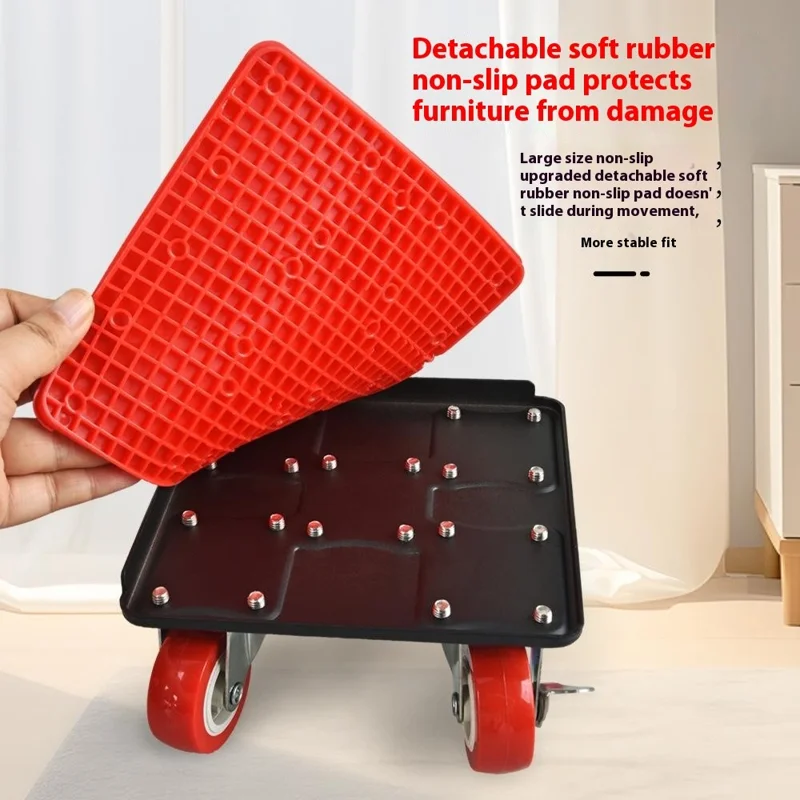 4Pcs Size L Furniture Mover Heavy Duty Metal Base 360 Degree Rotating Wheels for Bed Sofa Universal Moving Tool - Red+Black