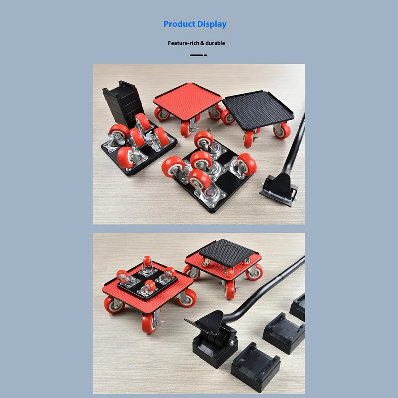 4Pcs Size L Furniture Mover Heavy Duty Metal Base 360 Degree Rotating Wheels for Bed Sofa Universal Moving Tool - Red+Black