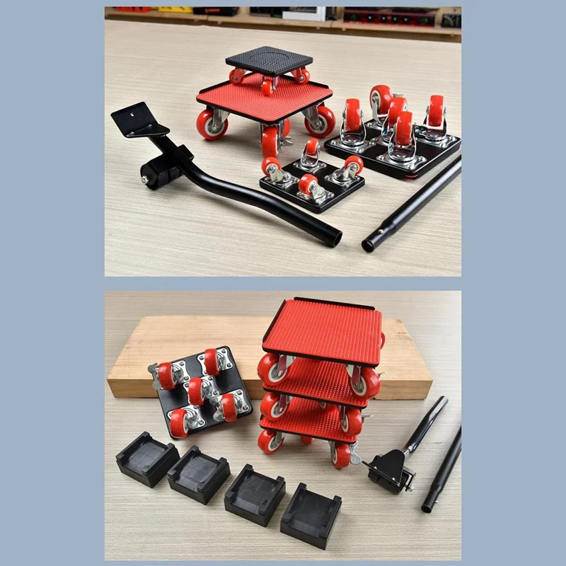 4Pcs Size L Furniture Mover Heavy Duty Metal Base 360 Degree Rotating Wheels for Bed Sofa Universal Moving Tool - Red+Black
