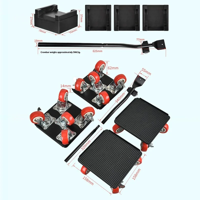 4Pcs Size L Furniture Mover Heavy Duty Metal Base 360 Degree Rotating Wheels for Bed Sofa Universal Moving Tool - Red+Black