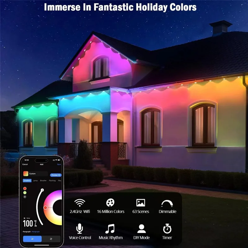 WY021 45m 90-LED Luce da esterno intelligente per grondaie Impermeabile Controllo app Stringa di luci RGB Lampada ambiente - Spina USA