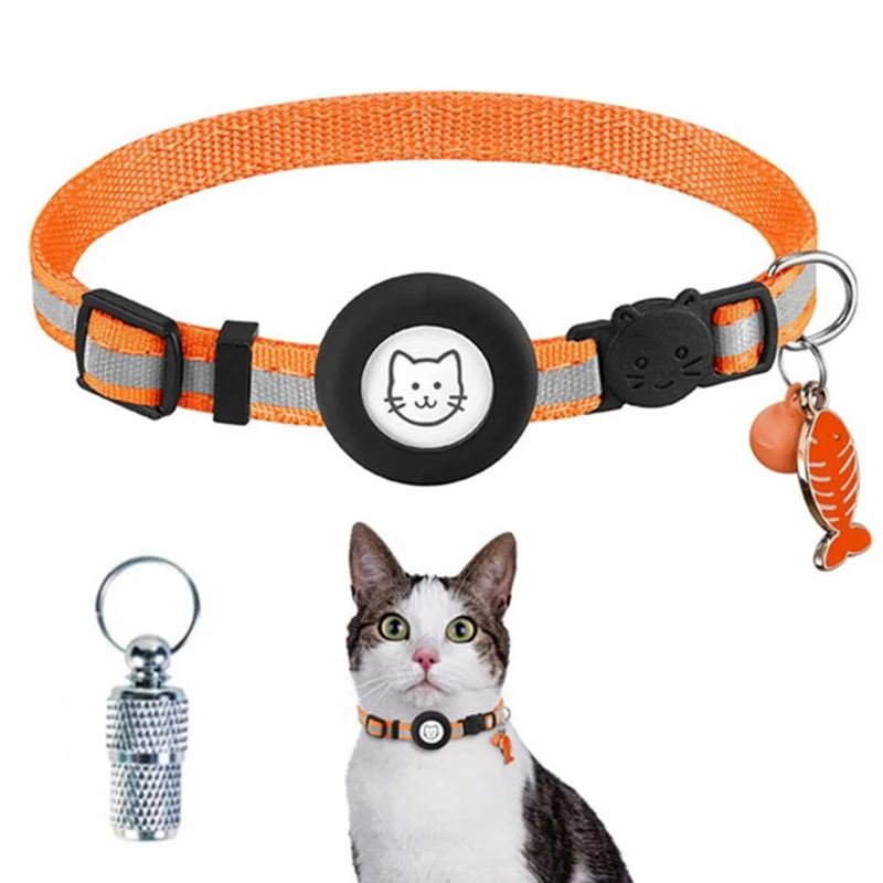 For AirTag Tracker Reflective Pet Collar Silicone Protective Case with Bell / ID Tag - Orange