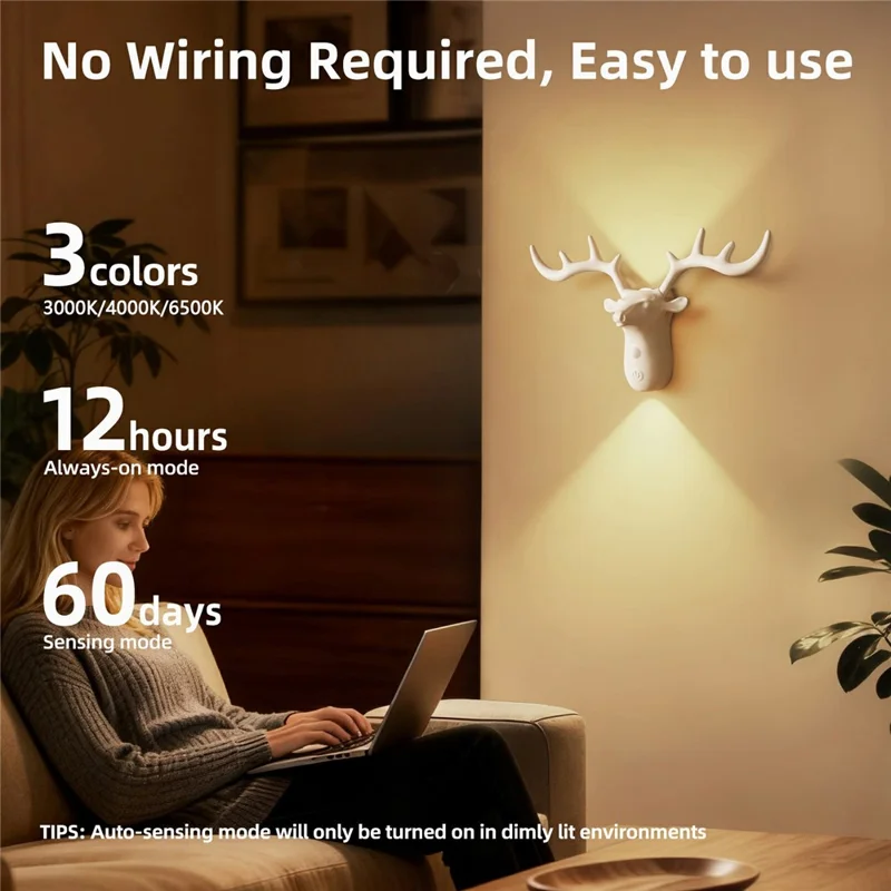 DSW001 Standard Version Deer Shape Touch LED Night Light Motion Sensor 3 Colors Dimming Magnetic Wall Lamp - White