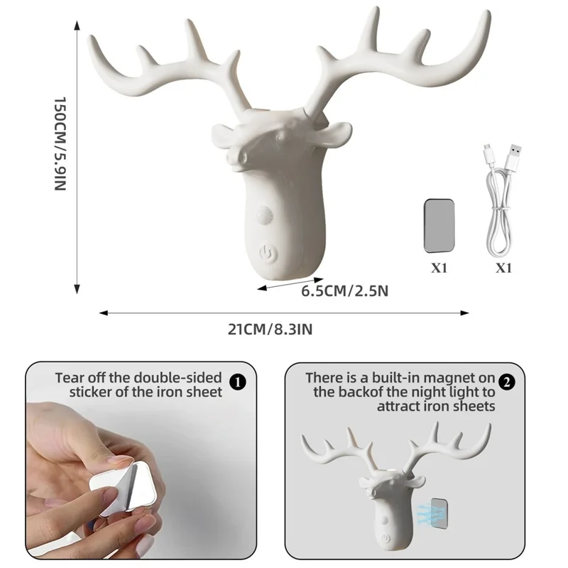 DSW001 Standard Version Deer Shape Touch LED Night Light Motion Sensor 3 Colors Dimming Magnetic Wall Lamp - White