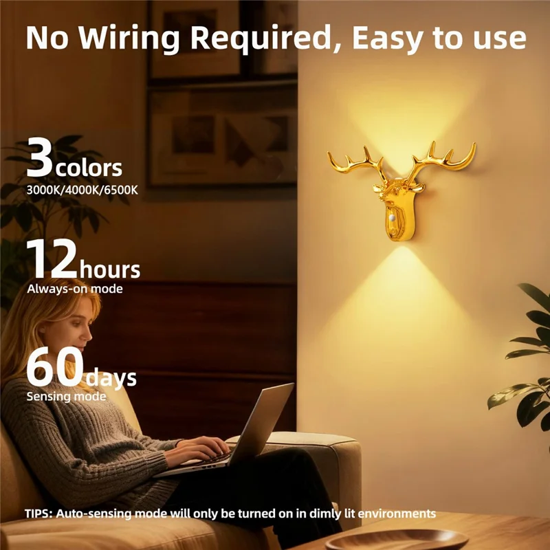 DSW001 Electroplated Deer Shape Touch LED Night Light Motion Sensor 3 Colors Dimming Magnetic Wall Lamp - Gold