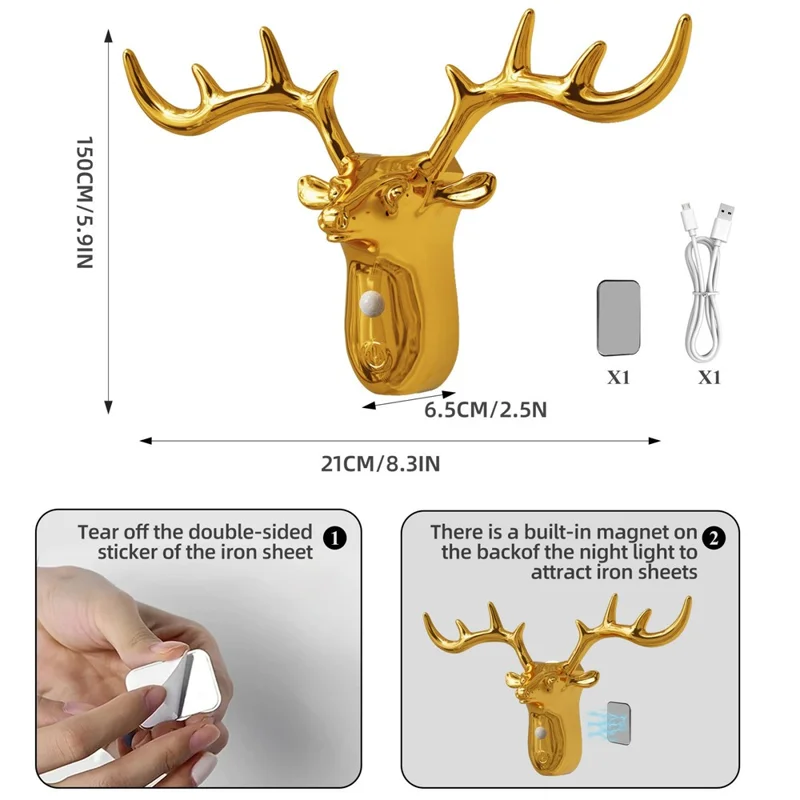 DSW001 Electroplated Deer Shape Touch LED Night Light Motion Sensor 3 Colors Dimming Magnetic Wall Lamp - Gold