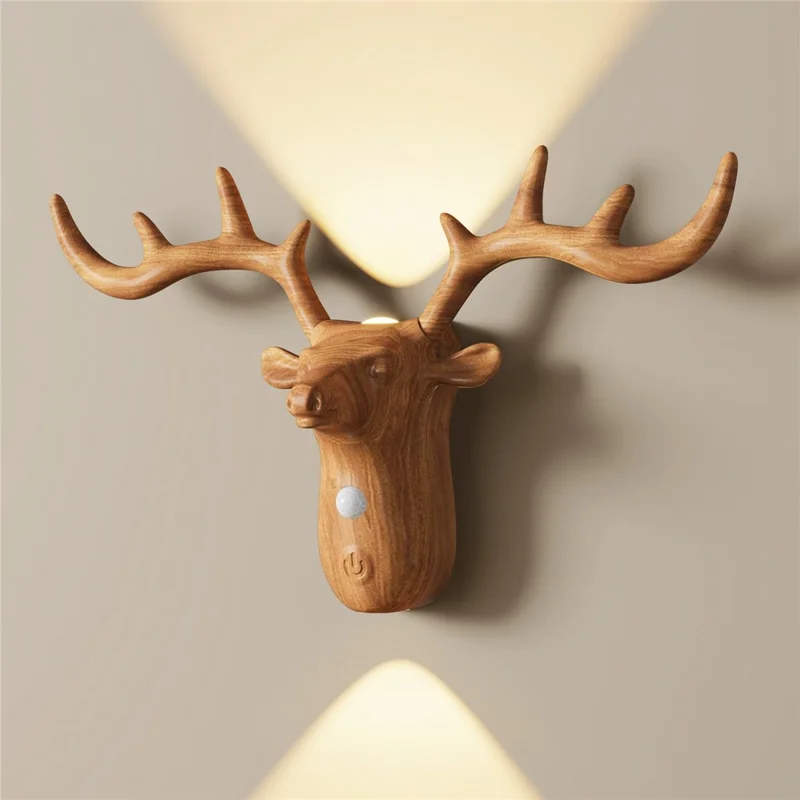 DSW001 Water Transfer Wood Grain Deer Shape Touch LED Night Light Motion Sensor 3 Colors Dimming Magnetic Wall Lamp - Wood Color