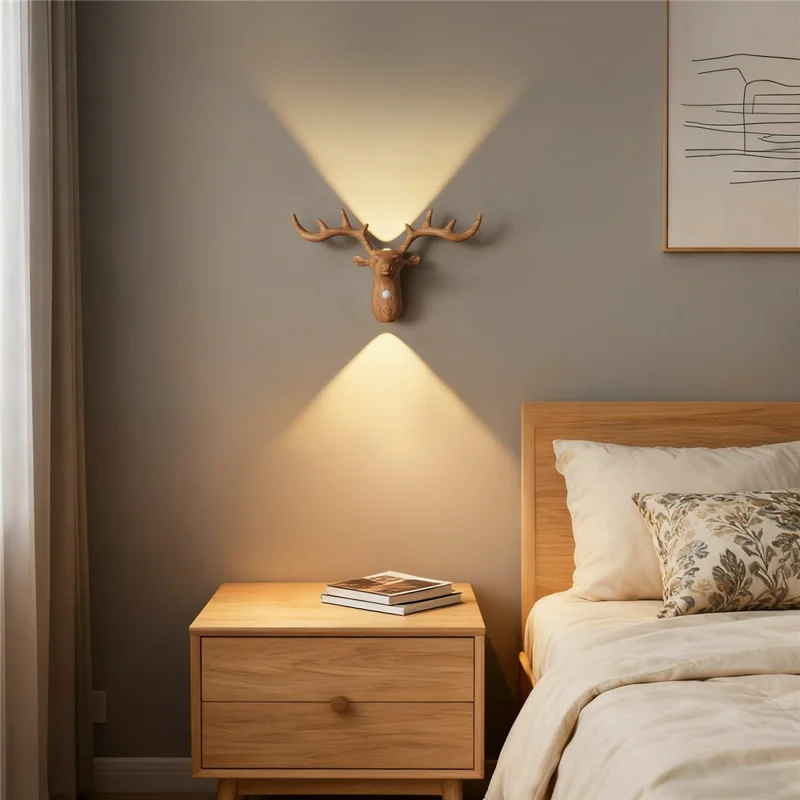 DSW001 Water Transfer Wood Grain Deer Shape Touch LED Night Light Motion Sensor 3 Colors Dimming Magnetic Wall Lamp - Wood Color