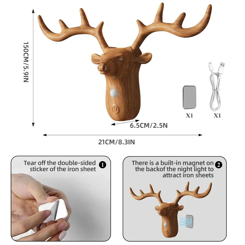 DSW001 Water Transfer Wood Grain Deer Shape Touch LED Night Light Motion Sensor 3 Colors Dimming Magnetic Wall Lamp - Wood Color