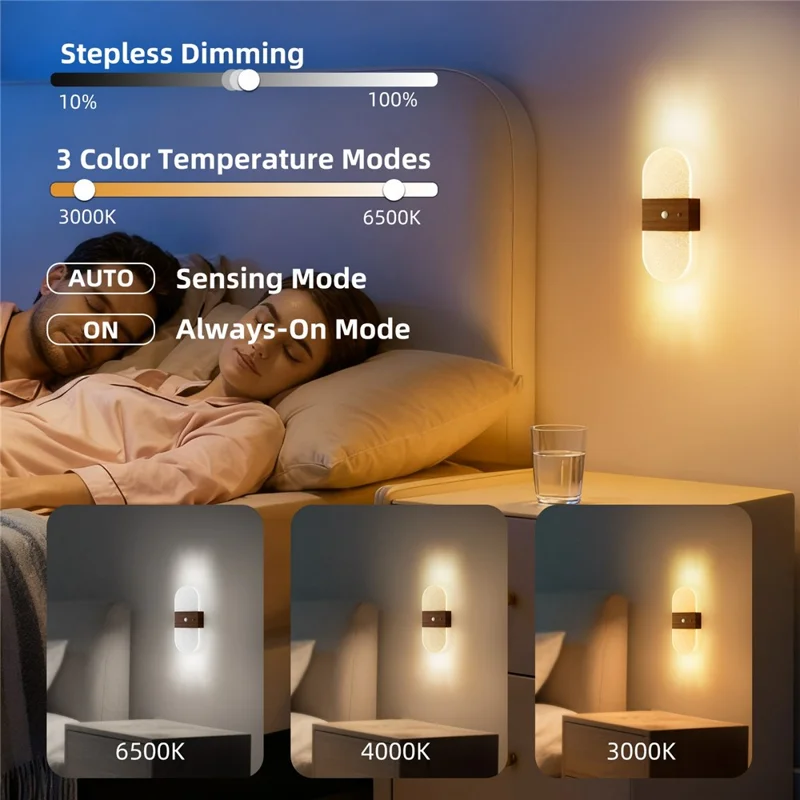 ASW001 / ASW002 Water Transfer Wood Grain LED Motion Sensor Magnetic Wall Lamp Touch Control Long Strip Bedside Wall Light - Rectangular  /  Wood Grain