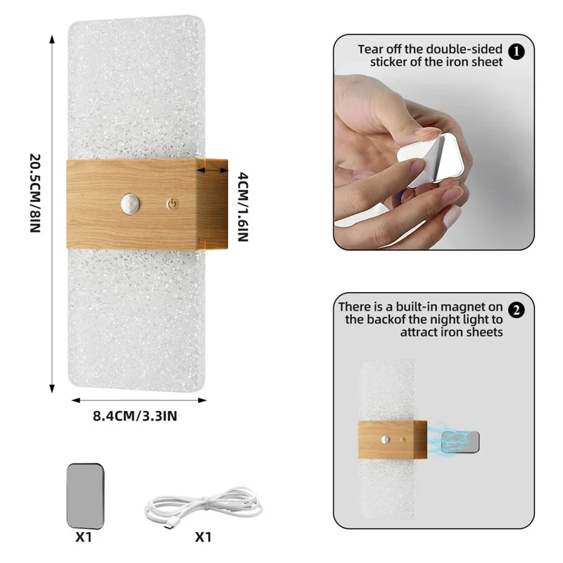 ASW001 / ASW002 Water Transfer Wood Grain LED Motion Sensor Magnetic Wall Lamp Touch Control Long Strip Bedside Wall Light - Rectangular  /  Wood Grain