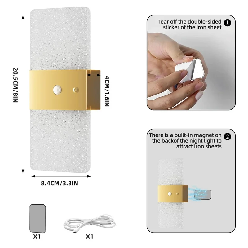 ASW001 / ASW002 Electroplated LED Motion Sensor Magnetic Wall Lamp Touch Control Long Strip Bedside Wall Light - Rectangular  /  Gold