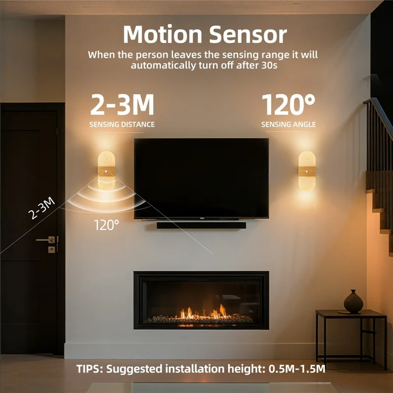 ASW003  /  ASW004 Water Transfer Wood Grain Magnetic Wall Lamp Motion Sensor Long Strip Bedside Wall Light - Rectangular  /  Wood Grain