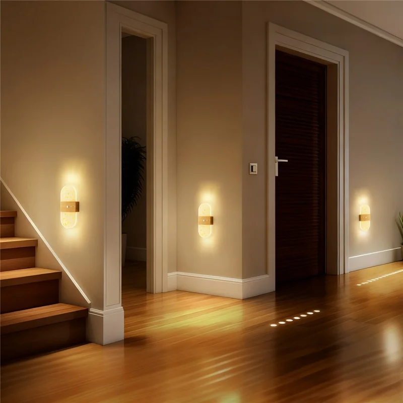 ASW003  /  ASW004 Water Transfer Wood Grain Magnetic Wall Lamp Motion Sensor Long Strip Bedside Wall Light - Rectangular  /  Wood Grain
