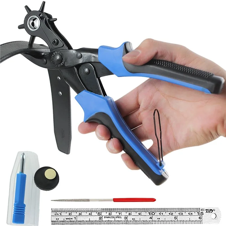 THD 皮革打孔工具皮帶打孔鉗起子尺打磨杆皮革工藝工具套裝 - 藍色