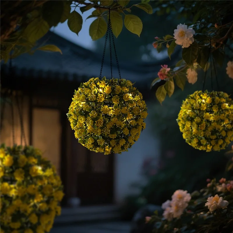 Solarbetriebene LED-Lichterkette Künstliche Blumenball Dekorative Outdoor-Gartenlaterne Hängende Lampe - Gelb