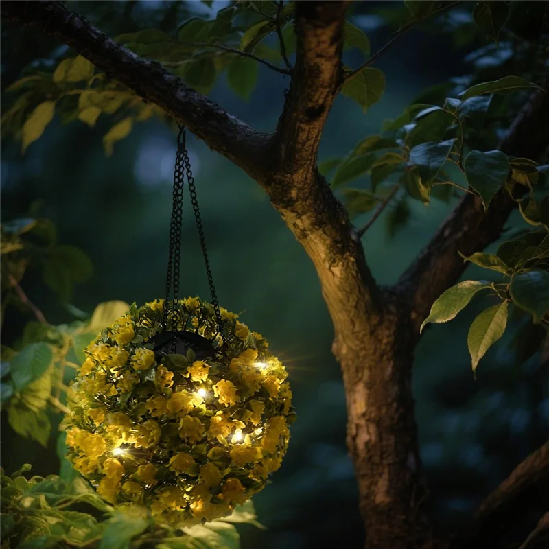 Solarbetriebene LED-Lichterkette Künstliche Blumenball Dekorative Outdoor-Gartenlaterne Hängende Lampe - Gelb