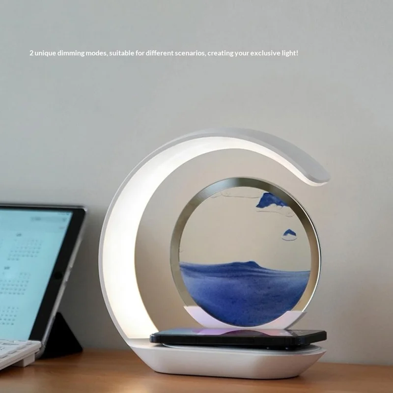 Flowing Sand Art Wireless Charger Lamp LED Night Light Hourglass Decoration for Bedside / Desktop - Yellow
