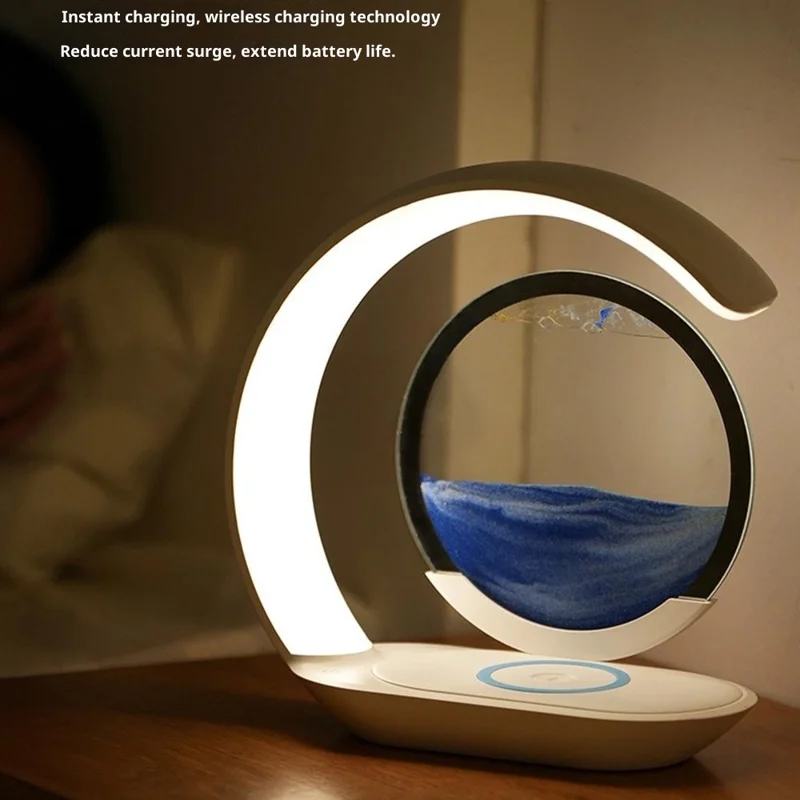 Flowing Sand Art Wireless Charger Lamp LED Night Light Hourglass Decoration for Bedside / Desktop - Yellow