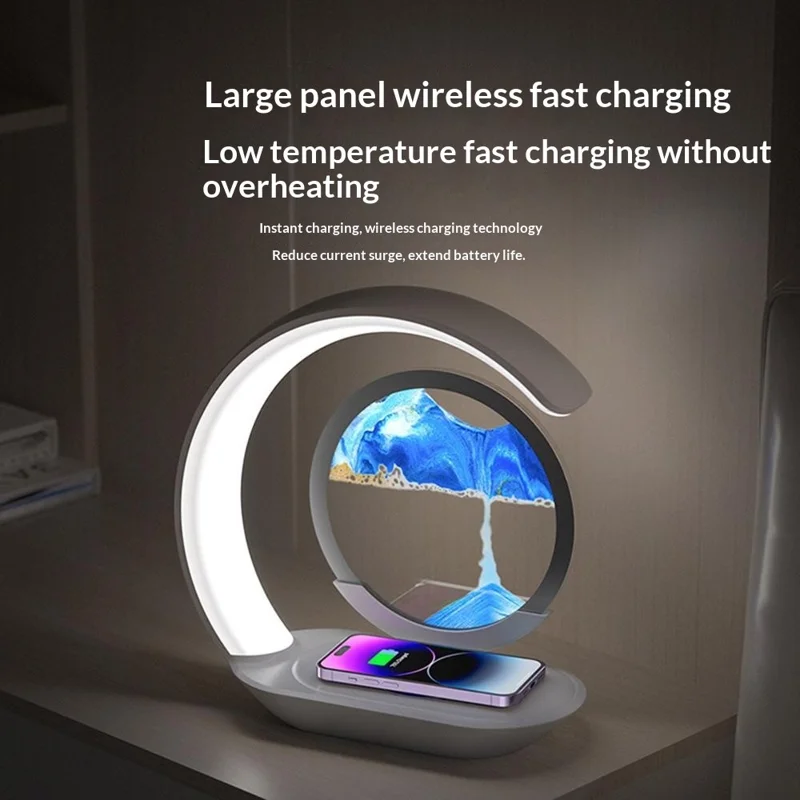 Flowing Sand Art Wireless Charger Lamp LED Night Light Hourglass Decoration for Bedside / Desktop - Yellow